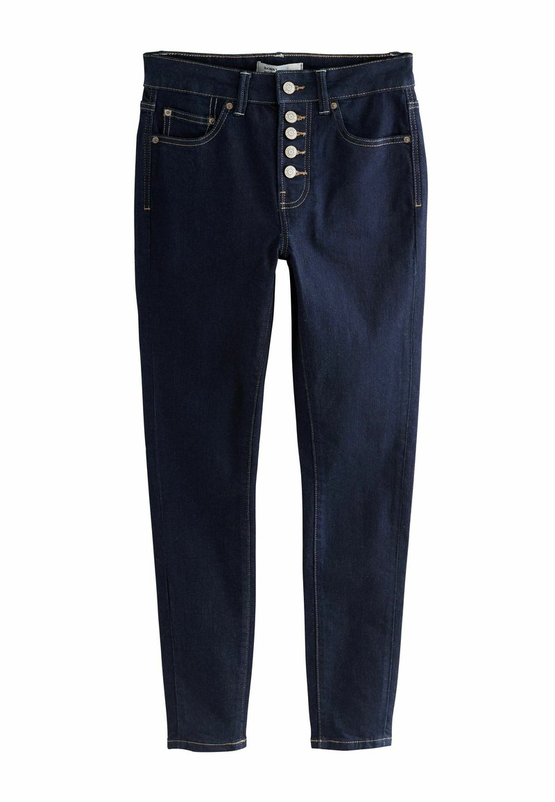 Sötétkék farmernadrág, slim fit szabású, öt gombbal a derékrészen, oldalsó zsebekkel és kontrasztos varrási részletekkel.