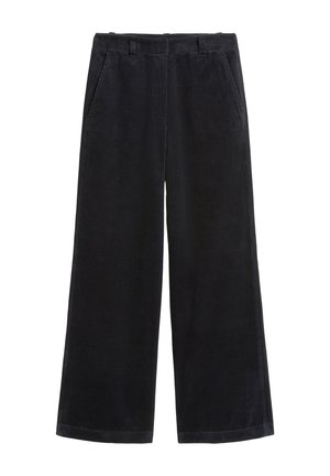 Schwarze Cordhosen mit weitem Bein, zwei seitlichen Taschen, sichtbarer gerippter Textur und geradem Saum.