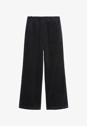 Zwart corduroy wijde broek met twee zijzakken, zichtbare geribbelde textuur en een rechte zoom.