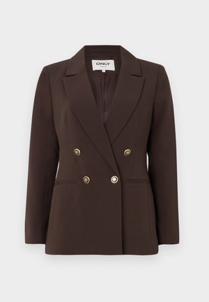 Blazer marron à double boutonnage avec épaulettes, col cranté, détails de boutons dorés et deux poches latérales, fabriqué en tissu lisse.