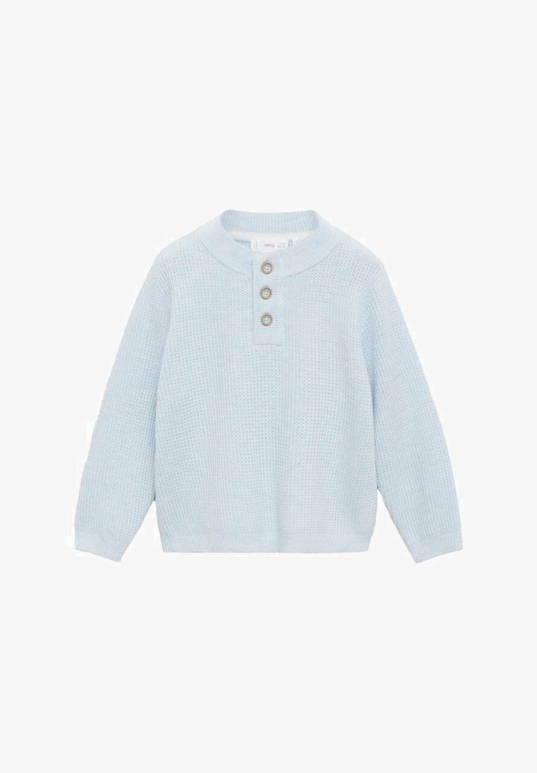 Hellblauer, gestrickter Pullover mit langen Ärmeln, Rundhalsausschnitt und einer Knopfleiste mit drei Knöpfen. Weiche Textur und lockere Passform.