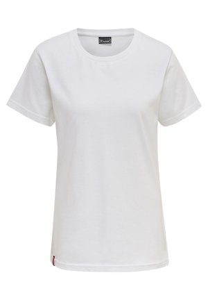 Biała koszulka z krótkim rękawem, wykonana z bawełny, z okrągłym dekoltem i małą metką marki na dolnym lewym brzegu.