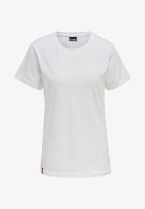 Biała koszulka z krótkim rękawem, wykonana z bawełny, z okrągłym dekoltem i małą metką marki na dolnym lewym brzegu.