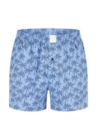 Hellblaue Badehose mit einem durchgehenden Palmenmuster in Dunkelblau, elastischem Bund und einem einzigen Knopfverschluss.
