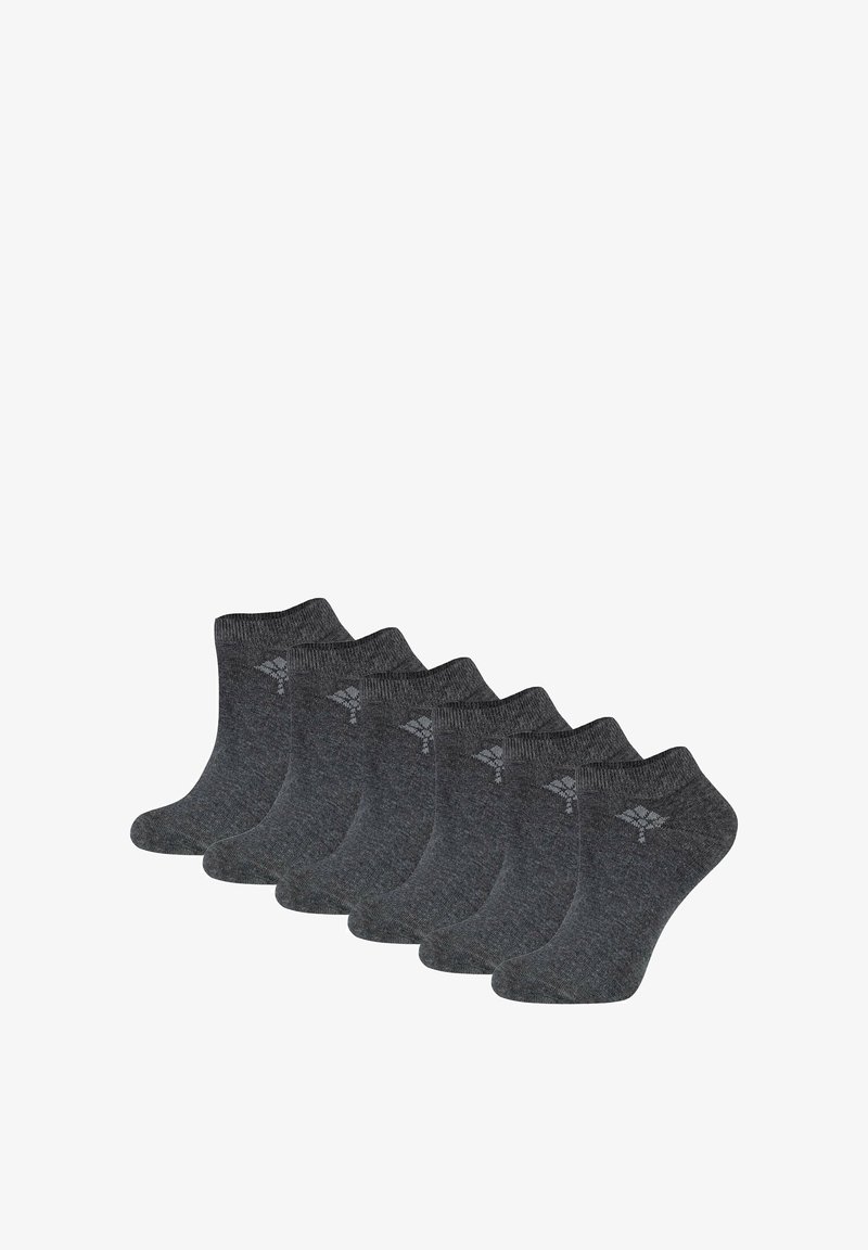 Sei paia di calzini corti in grigio scuro con un bordo a coste. Ognuno presenta un discreto dettaglio del logo vicino al bordo. Realizzati in un materiale morbido e elastico.