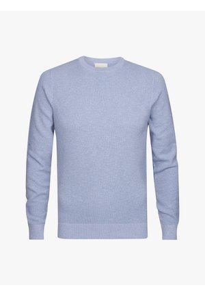 Helles blauer Rundhals-Pullover aus strukturiertem Material, mit langen Ärmeln und gerippten Bündchen und Saum. Schlichtes und klassisches Design.