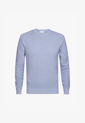 Jasnoniebieski sweter z okrągłym dekoltem, wykonany z teksturowanej tkaniny, z długimi rękawami oraz prążkowanymi mankietami i dołem. Prosty i klasyczny design.