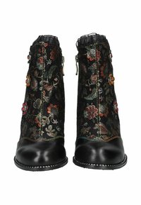 Bottines noires avec broderies florales, boutons colorés et tissu texturé. Elles présentent un bout rond et des coutures décoratives le long de la semelle.