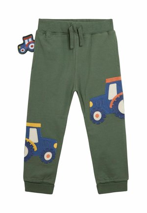 Grüne Baumwoll-Sweatpants mit zwei großen blauen Traktor-Applikationen in Orange und Gelb sowie einem kleinen Traktorpatch am Taillengummi.