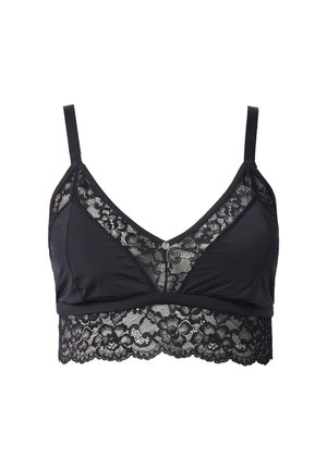 Schwarzer Bralette mit Spitzendetails, einem glatten Obermaterial und verstellbaren Trägern, mit floralen Spitzenakzenten an der Vorderseite und am unteren Band.