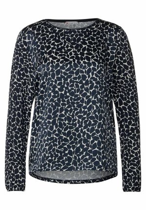 Langärmliges navy-blaues T-Shirt mit Rundhalsausschnitt und einem abstrakten, unregelmäßigen Muster aus weißen Punkten, leicht abgerundetem Saum und einem Street One Etikett im Nackenbereich.