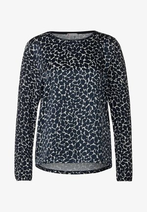 Langärmliges navy-blaues T-Shirt mit Rundhalsausschnitt und einem abstrakten, unregelmäßigen Muster aus weißen Punkten, leicht abgerundetem Saum und einem Street One Etikett im Nackenbereich.