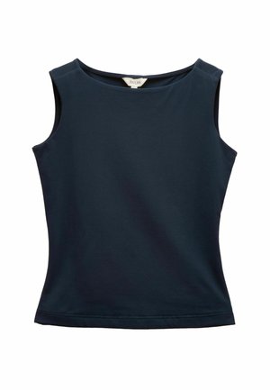 Ärmelloses Damenoberteil in Navyblau mit rundem Ausschnitt und leicht taillierter Passform, flach auf weißem Hintergrund präsentiert.