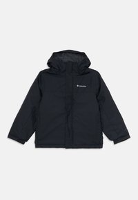Schwarze isolierte Columbia-Jacke mit Kapuze, langen Ärmeln, elastischen Bündchen und Reißverschluss.