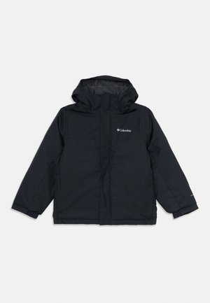 Veste Columbia noire isolée avec capuche, manches longues, poignets élastiques et fermeture éclair.