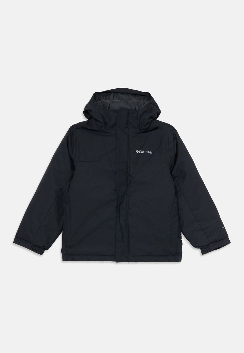 Schwarze isolierte Columbia-Jacke mit Kapuze, langen Ärmeln, elastischen Bündchen und Reißverschluss.
