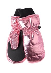 Muffole metalliche rosa con una finitura trapuntata, dotate di palmi neri testurizzati e polsini elasticizzati per una vestibilità sicura.