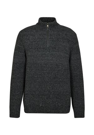 Ciemnoszary sweter z wysokim kołnierzem, półzamkiem, teksturowanym wzorem dzianinowym oraz ściągaczami na mankietach i dole.