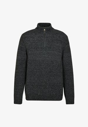 Dunkelgrauer Pullover mit hohem Kragen, halbem Reißverschluss, strukturiertem Strickmuster sowie gerippten Bündchen und Saum.