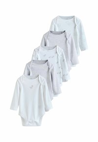 Set of five long-sleeve baby bodysuits in white and gray, featuring soft cotton material with duck prints and snap closures for easy dressing.