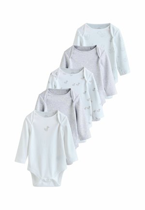 Set of five long-sleeve baby bodysuits in white and gray, featuring soft cotton material with duck prints and snap closures for easy dressing.