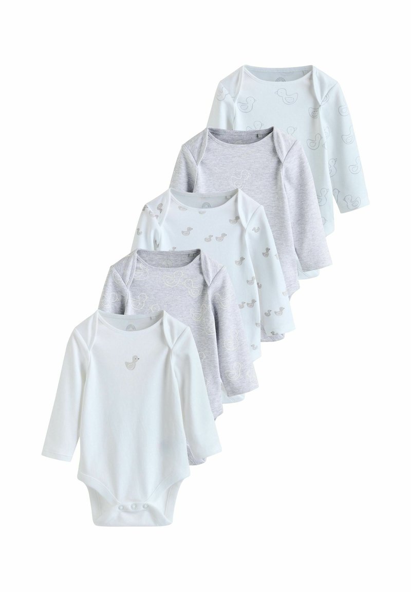 Set of five long-sleeve baby bodysuits in white and gray, featuring soft cotton material with duck prints and snap closures for easy dressing.