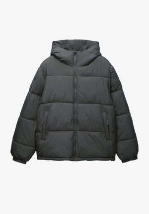Puffjakke i mørkegrå med hætte, med lynlås foran, elastiske manchetter og to lynlåslommer i siderne med en quiltet design.