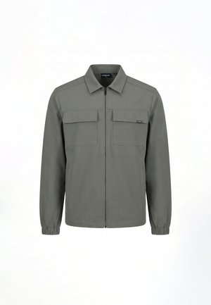 Zelena-siva zadrga z dolgimi elastičnimi manšetami, dvema sprednjima žepoma s poklopcem in zašiljenim ovratnikom.