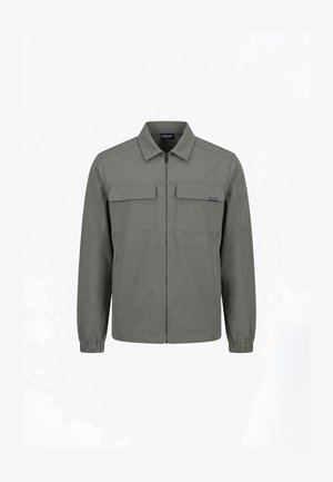 Zeleno-sivá bunda na zips s dlhými elastickými manžetami, dvoma náprsnými vreckami so záklopkami a špicatým golierom.