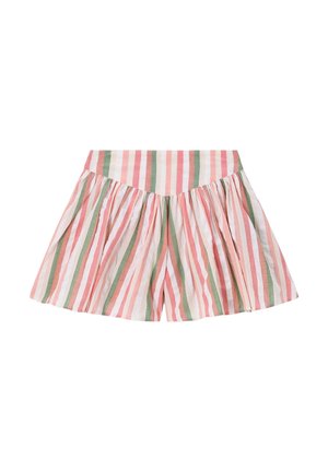 Rok met hoge taille en uitlopende plooien met verticale strepen in roze, wit en groen op lichtgewicht stof.