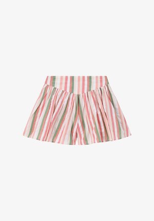 Rock mit hoher Taille und ausgestellten Falten mit vertikalen Streifen in Pink, Weiß und Grün auf leichtem Stoff.