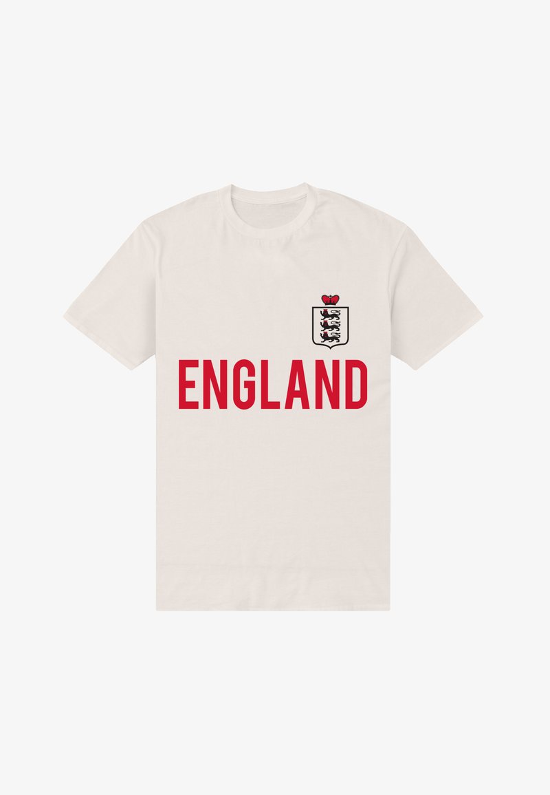 Witte katoenen t-shirt met daarop in het rood de tekst "ENGLAND" en een wapen ontwerp aan de bovenlinkerzijde, met een kroon en drie leeuwen.