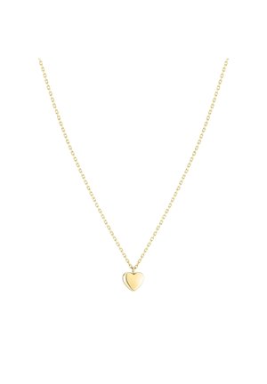 Delicado collar de cadena de oro con un pequeño colgante de corazón de oro pulido centrado sobre un fondo blanco.