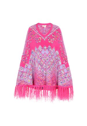 Rosa und lavendelfarbenes gestricktes Poncho mit einem Diamantmuster, ausgestattet mit einem V-Ausschnitt und Fransen entlang des Saums. Weiche, flauschige Textur.