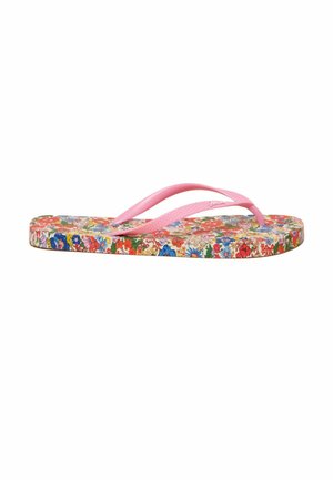 Flip-Flop mit rosa Riemen und einem bunten Blumenmuster auf der Sohle, seitlich auf weißem Hintergrund gezeigt.