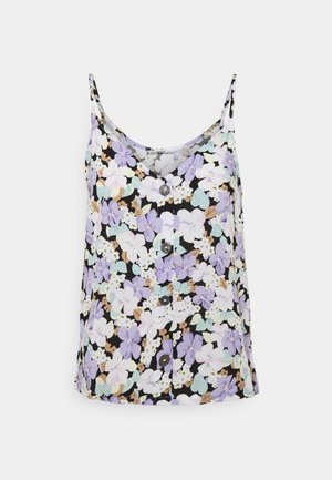 Camiseta sin mangas negra con estampado floral en tonos morados, blancos y beige, con cuatro botones en la parte delantera, mostrada sobre un fondo llano y claro.