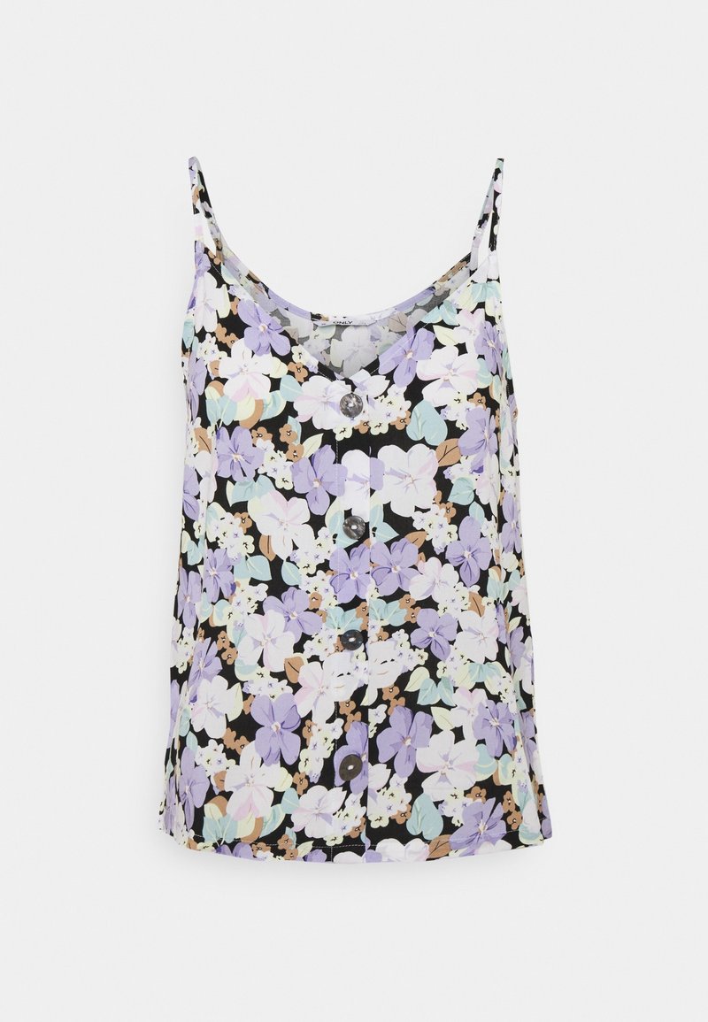 Camisole noire sans manches avec imprimé floral violet, blanc et beige, munie de quatre boutons à l'avant, présentée sur un fond clair uni.