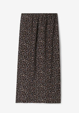 Jupe mi-longue à taille élastique avec un imprimé léopard en noir, marron et beige.