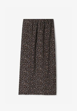 Jupe mi-longue à taille élastique avec un imprimé léopard en noir, marron et beige.