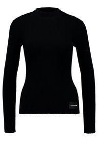 Pull noir en maille côtelée à manches longues avec col montant et petite étiquette Calvin Klein Jeans sur le bas côté gauche.