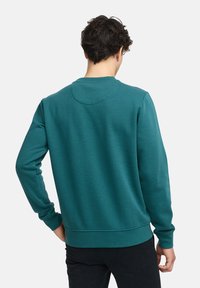Felpa teal con maniche lunghe, orlo e polsini a coste, texture liscia, scollatura rotonda e delicati dettagli di cucitura sul retro.
