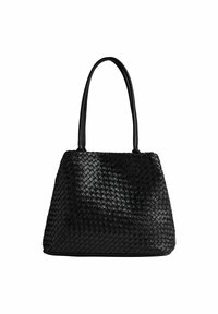 Borsa a mano nera intrecciata con un design testurizzato, dotata di due lunghe maniglie e una forma strutturata e spaziosa.