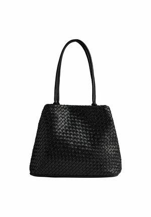 Black woven handbag with a textured design, featuring two long handles and a structured, spacious shape.
