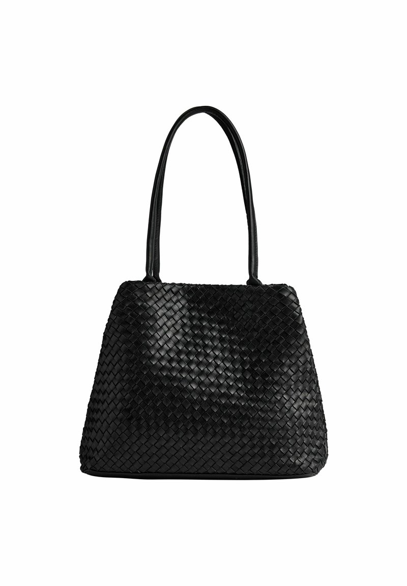 Borsa a mano nera intrecciata con un design testurizzato, dotata di due lunghe maniglie e una forma strutturata e spaziosa.