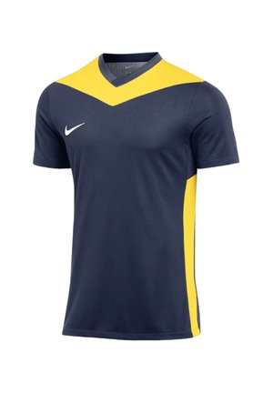 Kurzärmeliges Sportshirt, marineblau mit gelben V-förmigen Brust- und Seitenpaneelen, mit weißem Nike-Logo auf der rechten Brust.