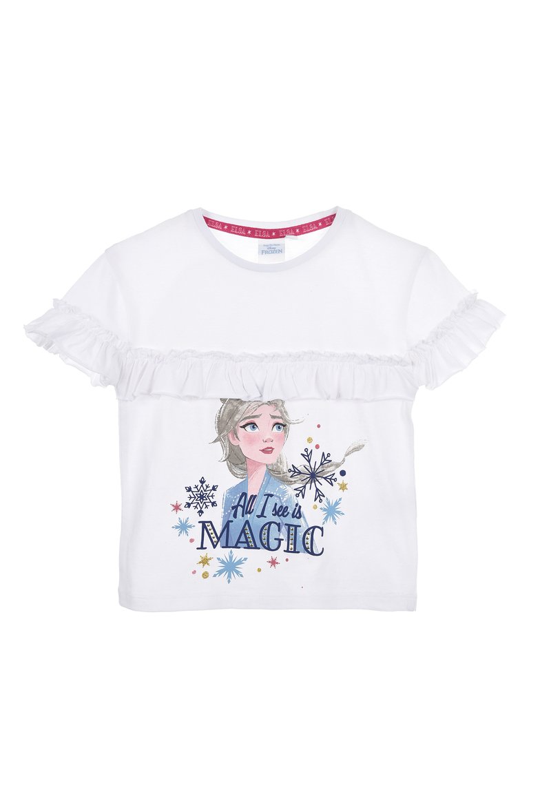 Camiseta blanca de manga corta con detalles de volantes, que presenta una impresión de la cara de un personaje y el texto "Todo lo que veo es MAGIA" con elementos en azul y dorado.