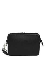 Borsa nera in pelle sintetica di forma rettangolare, con chiusura a zip e accessori in argento. Presenta una tracolla staccabile. Texture liscia.
