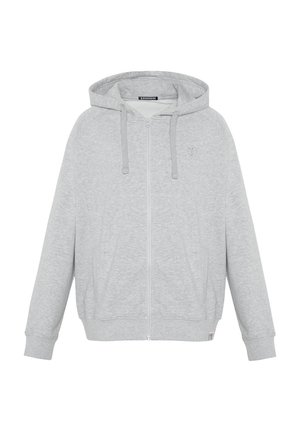 Grey zip-up hoodie made of soft cotton blend fabric. Features a drawstring hood, side pockets, and subtle logo embroidery on the chest.