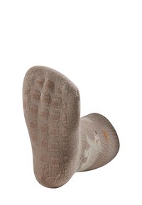 Brown sock with a textured, patterned sole featuring grippy squares, and a playful design of a snowman on the leg section.