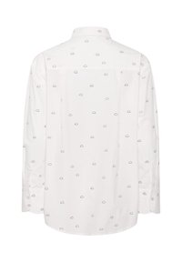 Witte button-up shirt met zwart wolkpatroon, lange mouwen, afgeronde zoom en details bij de kraag. Gladde, lichte stof.